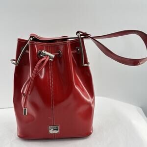 Vtg Dooney & Bourke Black Leather Drawstring Purse Bucket Bag Red Made In USA